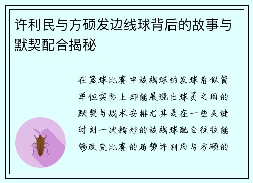 许利民与方硕发边线球背后的故事与默契配合揭秘 许利民与方硕发边线球背后的故事与默契配合揭秘