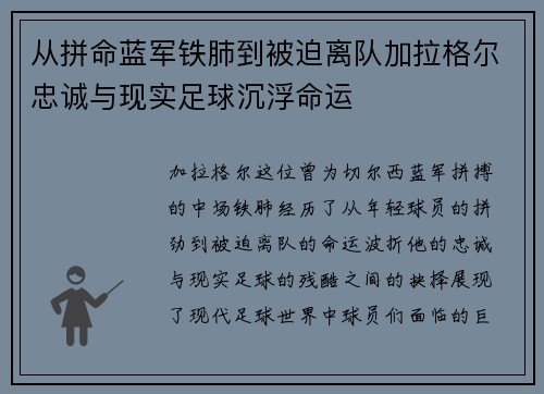 从拼命蓝军铁肺到被迫离队加拉格尔忠诚与现实足球沉浮命运